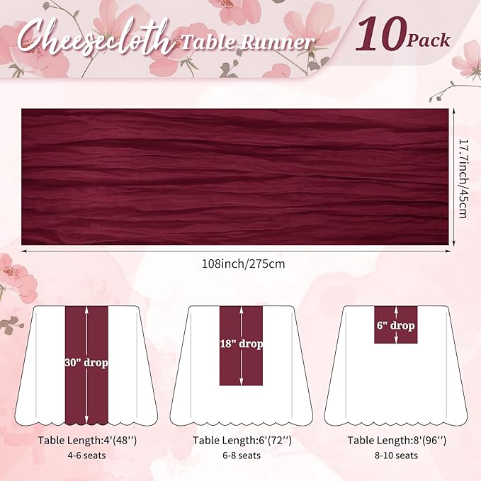 10 Pack Cheesecloth Table Runner Burgundy, Rustic Boho Gauze Fabric Table Runner Romantic Table Runner for Wedding, Festival, Birthday, Anniversary, Dinner and Outdoor Events (17.7 x 108 inch)