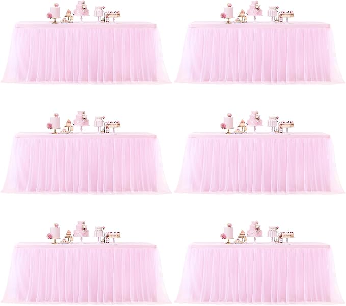 Pink Table Cloths for Parties Light Pink Tulle Tablecloth Rectangle, Pink Tulle Table Skirt Rectangle Table 6ft Fitted Table Covers Stretch Elastic Banquet Party Baby Shower Wedding Table Cloth 6 Foot