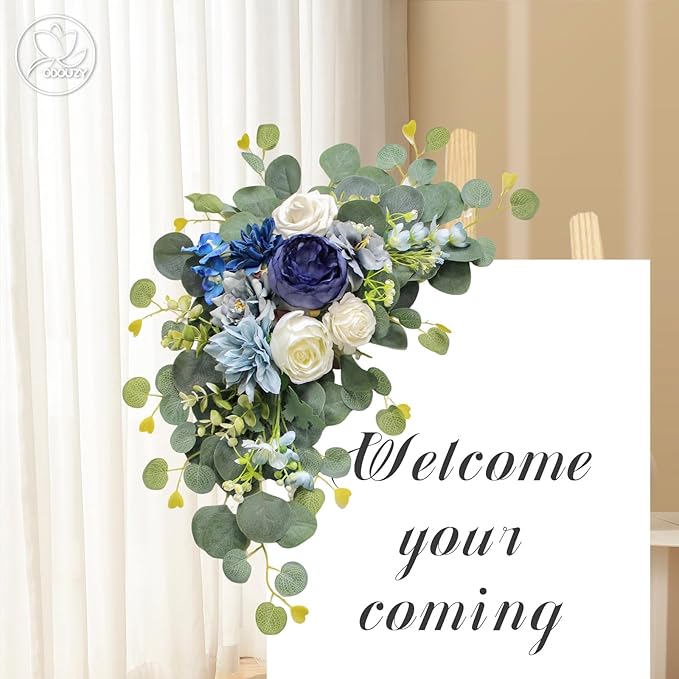 Odouzy Artificial Wedding Arch Flowers for Wedding Sign,Set of 2 for Wedding Welcome Ceremony Sign,Faux Floral Swags,Wedding, Banquet and Reception Backdrop Floral Decoration (Blue)