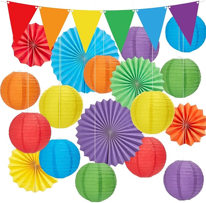 21Pcs Colorful Classroom Decor Rainbow Hanging Paper Lanterns Paper Fans Triangle Flags Banners Set Round Lantern for Back to School Ceiling Supplies Home Indoor Birthday Party Ceremonial Event