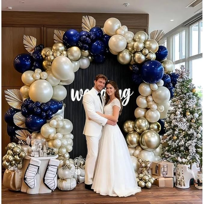 Navy Blue Balloon Garland Double Stuffed Pearl White Royal Blue Balloons Dark Navy Gold Balloon Arch Kit for Birthday Baby Shower Wedding Graduation Father's Day Party Decor