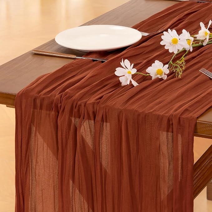 Socomi 6pcs Terracotta Valentine's Day Cheesecloth Table Runner Boho Rustic Gauze 120 inch 10FT Cheese Cloth Runner for Wedding Party Baby Shower Birthday Home Decor Holiday Decorations