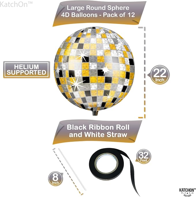 KatchOn, Huge Disco Ball Balloons -22 Inch, Pack of 12 | Black And Gold Disco Balloons for Disco Party Decorations | 360 Degree 4D Sphere Disco Balloon | Gold and Black Party Decor