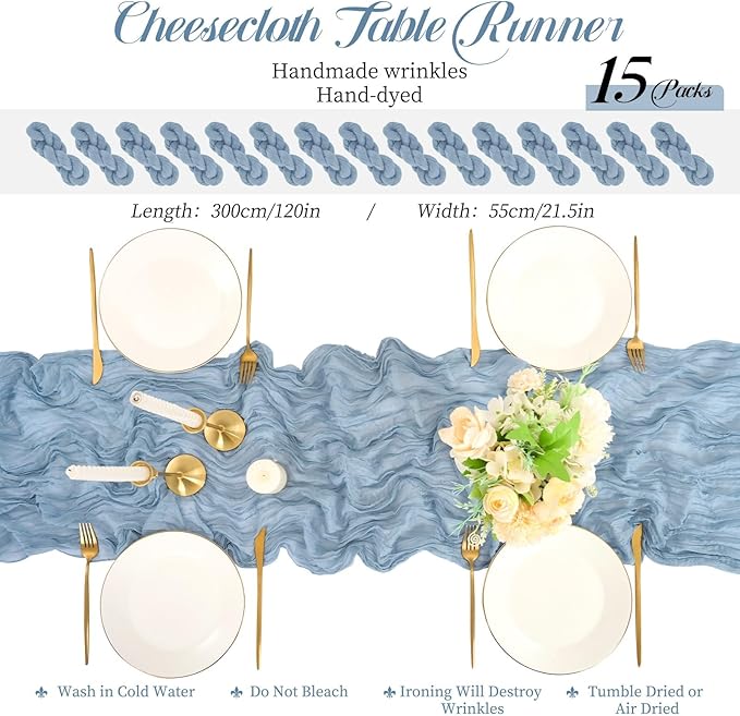 15 Packs Cheesecloth Table Runner Dusty Blue,10 Ft Blue Rustic Gauze Boho Wedding Table Runner Decoration,Wedding Table Decor Table Cloth for Wedding Party Bridal Shower Table,21.5x120in