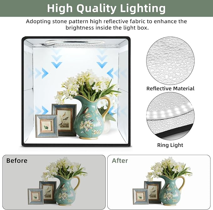 Lightdow 16"x16"x16" Photo Studio Light Box Photography with Type-C Plug/Cable & 180 LEDs(CRI>95), 6 Backdrops-Portable/Dimmable/Folding Shooting Tents for Toys/Jewelry/Watches/Cosmetics