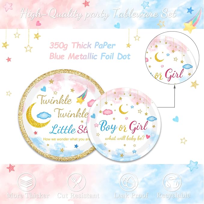 96Pcs Twinkle Twinkle Little Star Gender Reveal Party Supplies Tableware Set little Star Baby Shower Plates Napkins Forks Dinnerware for Baby Shower Decorations, 24 Guests