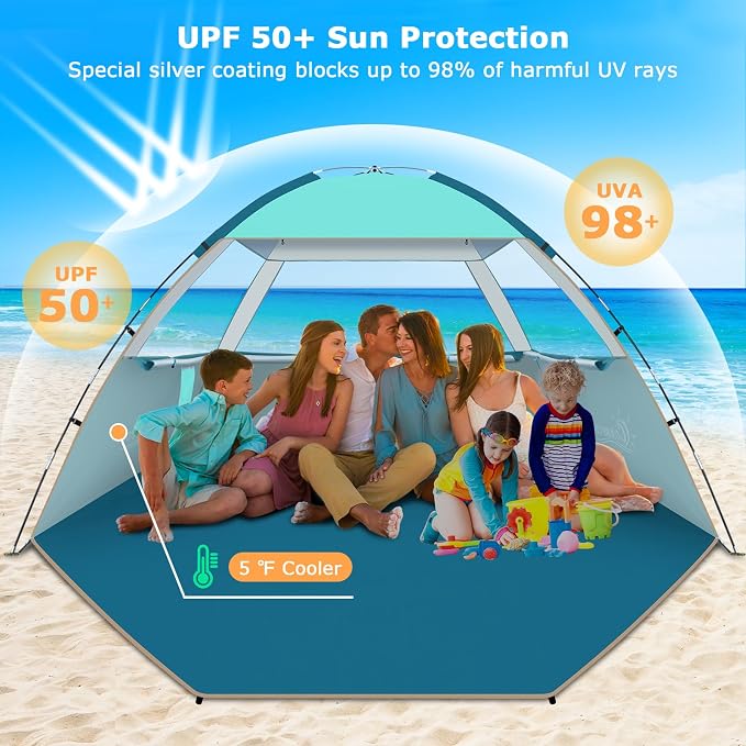 COMMOUDS Beach Tent Sun Shelter for 3/4/6/8 Person, UPF 50+ UV Protection Beach Shade Canopy Tent, Lightweight, Easy Set Up and Carry