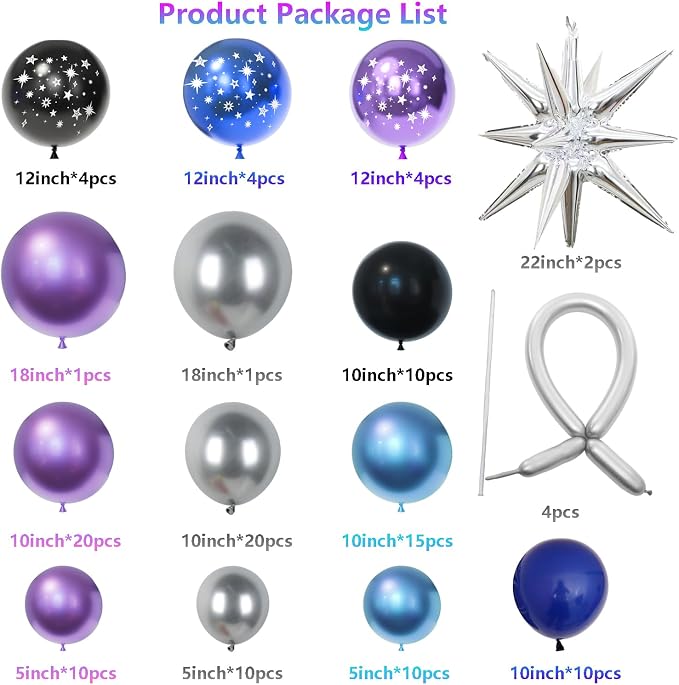 Galaxy Balloons Arch Kit – Outer Space Party Decorations with Metallic Blue, Purple, Silver, Navy & Star Balloons for Galaxy Theme Birthday, Baby Shower, Graduation, Prom Decorations