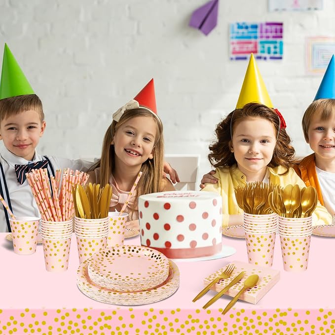 Nkaiso Paper Plates and Napkins Set, 193 Pieces Pink Gold Party Supplies Includes Paper Plates Cups Napkins Straws and Cutlery for Birthday Wedding Holidays Parties Decorations-24 Guests