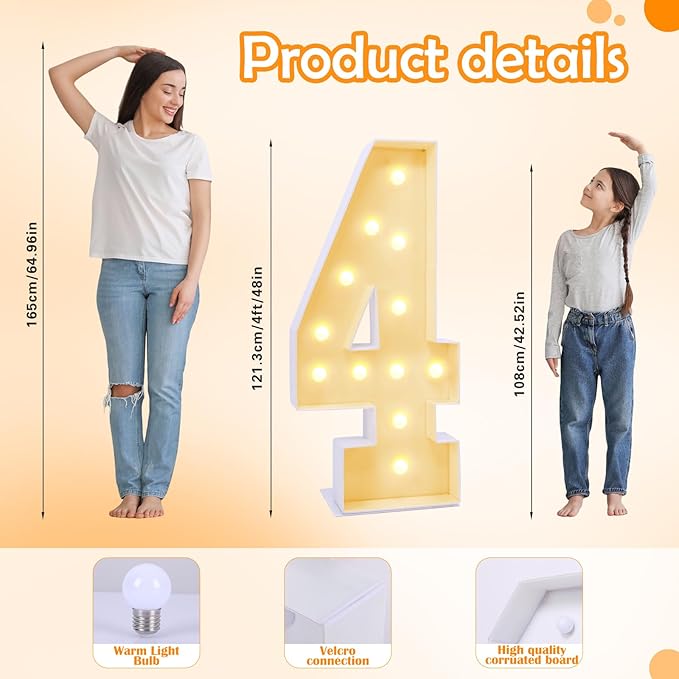 4ft Marquee Number 4, Light Up Sign for Party Decorations, 4 Feet Tall, Plastic, Modern Style
