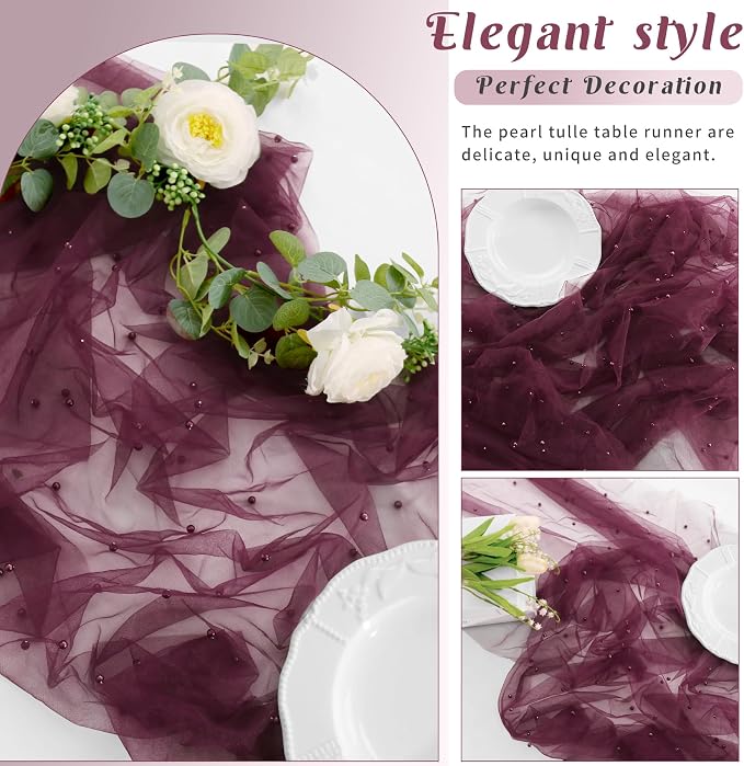 Pearl Table Runner 29 x 120 Inch Tulle Fabric Lace Table Runners Boho for Bridal Shower Birthday Party Wedding Arch Dessert Table Decor(1 Pack, Burgundy)