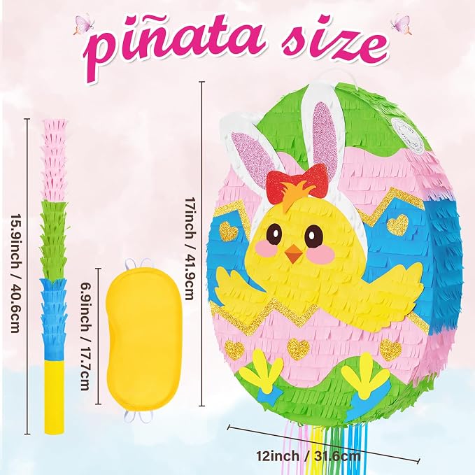 WERNNSAI Easter Egg Piñata - Easter Bunny Piñata with Blindfold and Stick Cute Chick in Egg for Party Decoration Supplies for Birthday Decoration School Spring Party Game