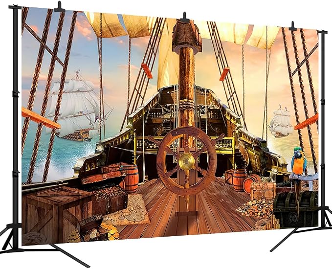 9X6Ft Pirate Ship Backdrop for Photography Old Wooden Deck Nautical Treasure Map Kids Boys Happy Birthday Supplies Baby Shower Decorations Banner Background Photo Studio Booth Props