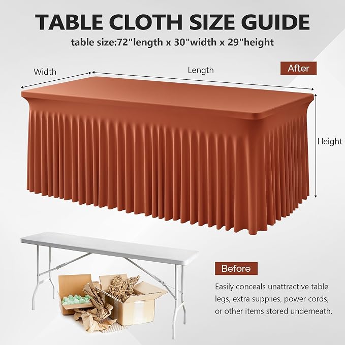 Wish Care 2 Pack Rust Spandex Table Clothes for 6 Foot Rectangle Tables, 6FT Wrinkle Free Fitted Tablecloths Ruffles Design Table Cloth for Party, Banquet, Wedding and Events