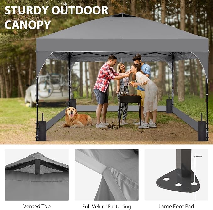 10x10FT Canopy Tent, 1-Button Push Instant Pop Up Canopy with 4 Sandbags, Easy Setup Outdoor Gazebo Shelter (Grey, 10x10 with PVC Sidewalls)