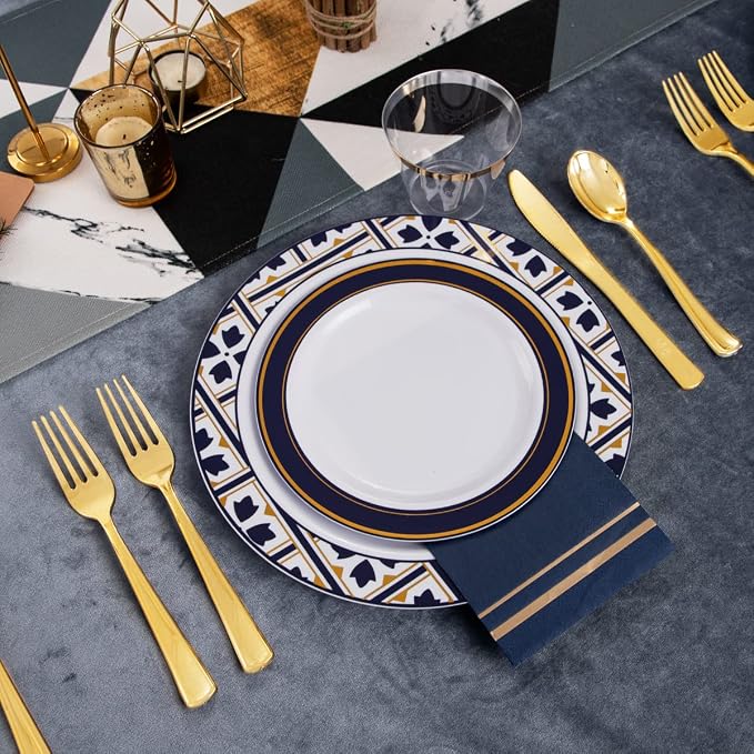 Nervure 175PCS Blue Plastic Plates - White Blue Gold Disposable Plates Include 25Dinner Plate, 25Dessert Plate, 25Cups, 25Forks, 25Knives, 25Spoons, 25Napkins for Wedding & Party