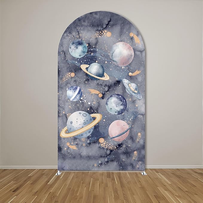 First Trip Around The Sun Arch Cover Backdrop Outer Space Astronaut 1st Birthday Party Background Boy Kids Galaxy Planet Rocket,Spandex Curved Top (Stand is not Included) (G4340,3.3x6.5ft (W*H))
