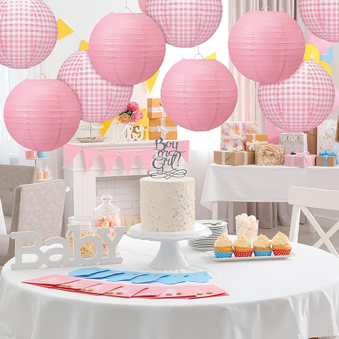 Honoson 12 Pcs Pink Gingham Paper Lanterns Decoration10 Inch White and Pink Checkered Plaid Round Chinese Hanging Lanterns for Baby Girl Shower Wedding Birthday Picnic BBQ Decoration