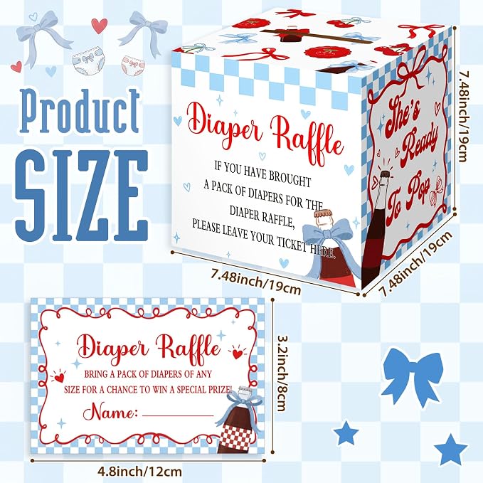 Teling 51 Pieces Diaper Raffle Tickets with Card Box Baby Shower Decorations Baby Shower Holder Box for Girl Boy Diaper Raffle Party(She's Ready to Pop, blue)