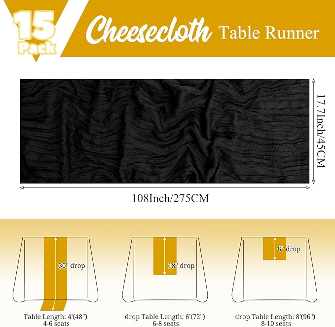 15 Pack Black Table Runner 17 x 108inch Cheesecloth Table Runner Boho Gauze Table Runners Rustic Sheer Fabric Cheese Cloth Table Runners for Wedding Party Bridal Shower Farmhouse Thanksgiving Decor