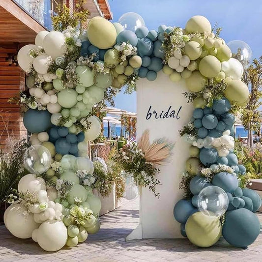 Blue Green Balloon Arch Kit Double Stuffed Dusty Mint Green Slate Blue White Pastel Olive Balloon Garland with Clear Bobo for Baby Shower Bridal Wedding Birthday Goose Easter Valentines Party Decor