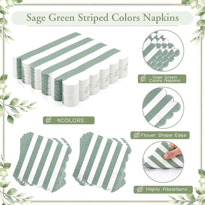 Mimorou 175 Pcs Sage Green Party Supplies for 25 Guests, Disposable Tableware Set with Green White Striped Paper Plates Napkins Cups Spoon Fork Knife for Baby Shower Birthday Bridal Party