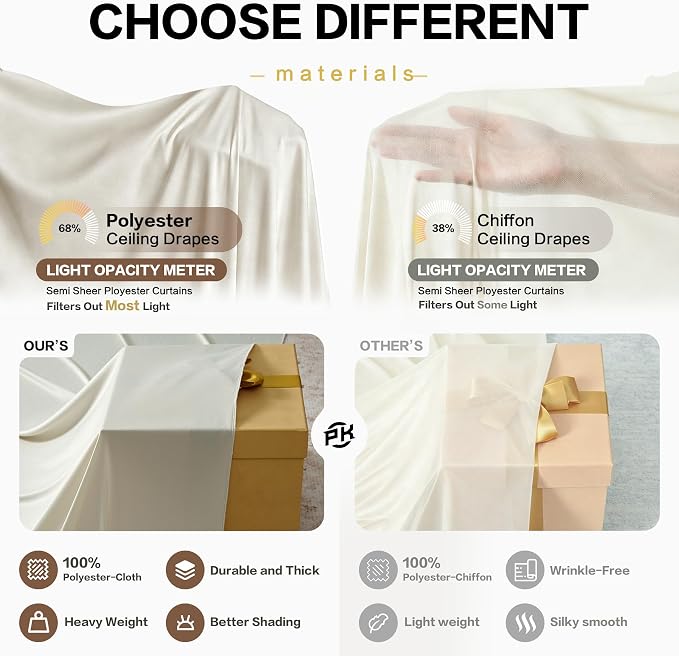 10ftx40ft Beige Ceiling Curtain for Wedding Parties – 2 Panels Wrinkle-Free 40 FT Long Tent Draping Curtains for Wedding, Birthday & Theme Parties, 40ft Height with Rod Pocket