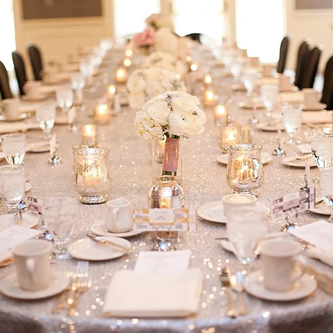 60 x 102 Inch Silver Sequin Tablecloth Rectangle Sparkle Table Cover for Wedding Birthday Party Festival Ceremony Cake Dessert Table Cloth