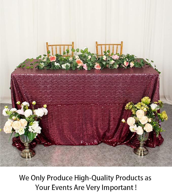 ShiDianYi Sequin Tablecloth Burgundy 90x156-Inch Sequin Table Linen Wine Rectangle Tablecloth 8ft for Wedding Decor,Party,Banquet -190222E