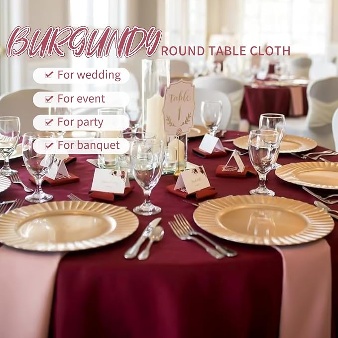 Pesonlook 12 Pack Round Tablecloth Burgundy Polyester 90 Inch Washable Fabric Round Table Cover Burgundy Tablecloth for Wedding/Party/Banquet/Dining/Buffet Table