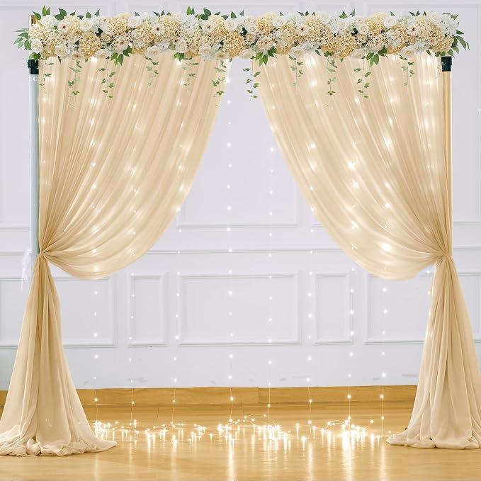 20ft x 10ft Champagne Chiffon Backdrop Curtain with Lights String for Parties,4 Panels Sheer Tulle Curtain Wedding Backdrop for Baby Shower Birthday Party Ceremony Reception Home Decorations