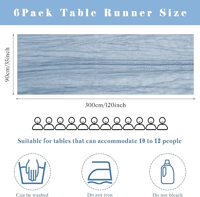 6 Pcs 10FT Dusty Blue Cheesecloth Table Runner 35 x 120 Inches Long Runner for Tables Gauze Fabric Boho Table Runner Decoration Rustic Sheer Runner for Wedding Baby Shower Birthday Party (Dusty Blue)