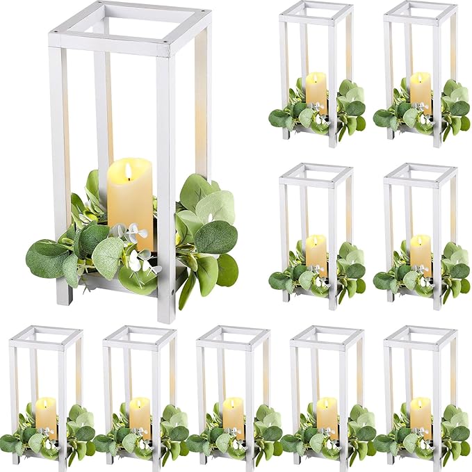 Geelin 10 Pcs Wooden Wedding Lantern Centerpiece Candle Lantern Table Wooden Candle Holder Decorative for Wedding Party Table Valentine Decor(13 in,White)