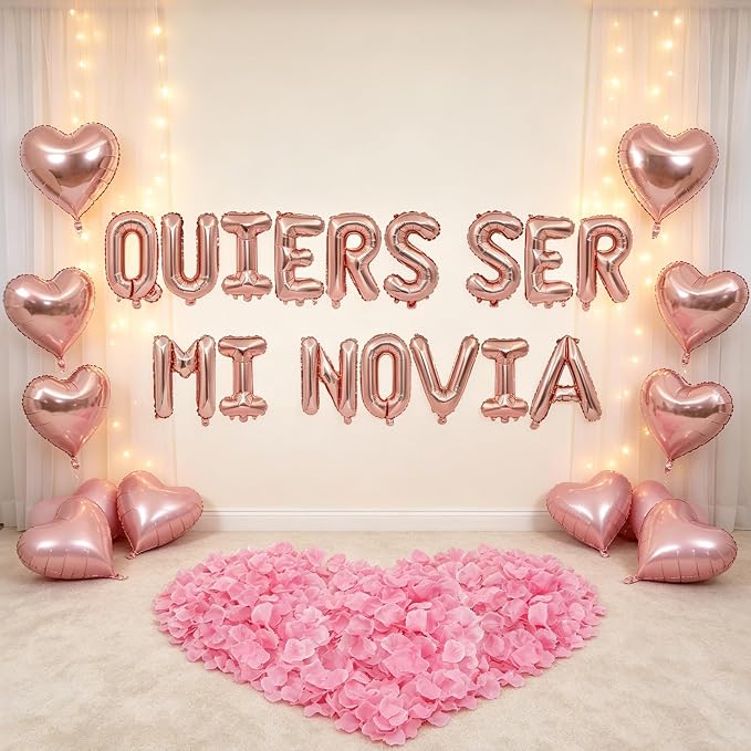 QUIERES SER MI NOVIA - 1200pcs Rose Gold Artificial Roses, 16" Letter Balloons, 18" Heart Balloons - Valentines Day Decorations