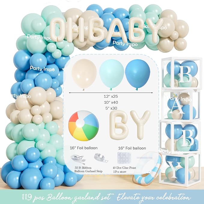 Party Inspo Baby on Board Baby Shower Decorations - 122Pcs Surf Theme Party Supplies for Boys with Backdrop, Tablecloth, Balloon Boxes and Ocean Blue Garland Kit