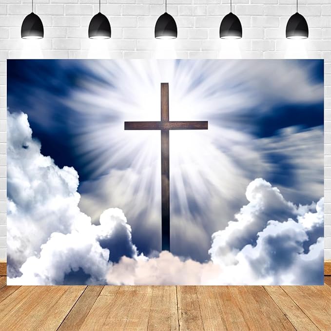 12x10ft Heavenly Cross Backdrop Blue Sky Cloud Photography Background Holy Crucifix Jesus Christ Religious Pray Church Event Easter Banner Decorations Baby Shower Portrait Photo Booth Prop