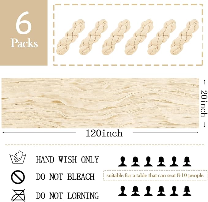 6 Pack Ivory Cheesecloth Table Runner 20 x 120 inch Gauze Table Runners 10 FT Long,Semi Sheer Cheese Cloth Fabric Table Runner Bulk for Wedding,Party,Baby Shower,Bridal Shower Decoration