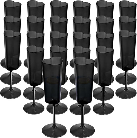 JLYLOL 24 PCS Heart Shaped Champagne Flutes, 5.5OZ Plastic Champagne Glasses, Unique Wedding Toasting Glasses, Elegant Stemmed Drinking Cups Plastic Goblets for Celebrations Anniversary Bride (Black)