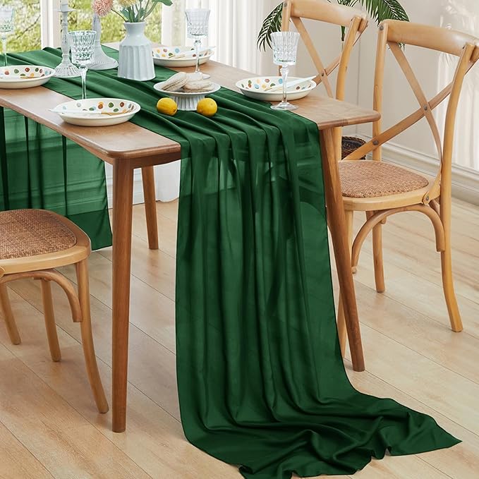Horbaunal Dark Green Chiffon Table Runners 10FT Sheer Chiffon Runner 29x120 Inches Romantic Boho Rustic Table Runner for Wedding Party Bridal Baby Shower Table Decorations