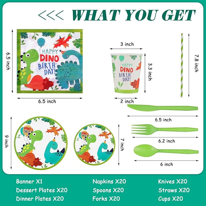 Tessco 193 Pcs Dinosaur Birthday Party Supplies Includes Plates Cups Napkins Banner Knives Fork Spoon Tablecloth Cupcake Toppers Straw Swirls for Boys Dino Birthday Party Decoration, Serves 20 Guests