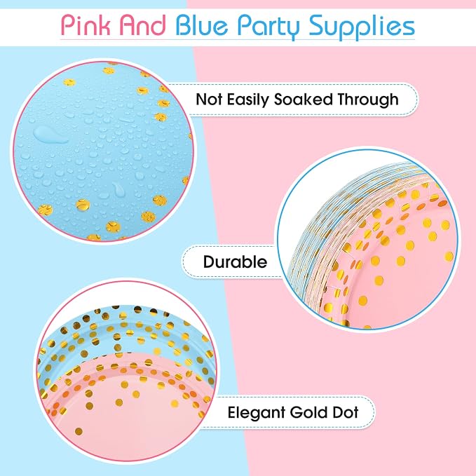 Tegeme Gender Reveal Party Supplies Pink and Blue Gold Dot Paper Plates Napkins and Tablecloths Set with Cups Forks Knives Spoons 256 Pcs Tableware for 36 Guest Baby Shower Birthday Party Decoration