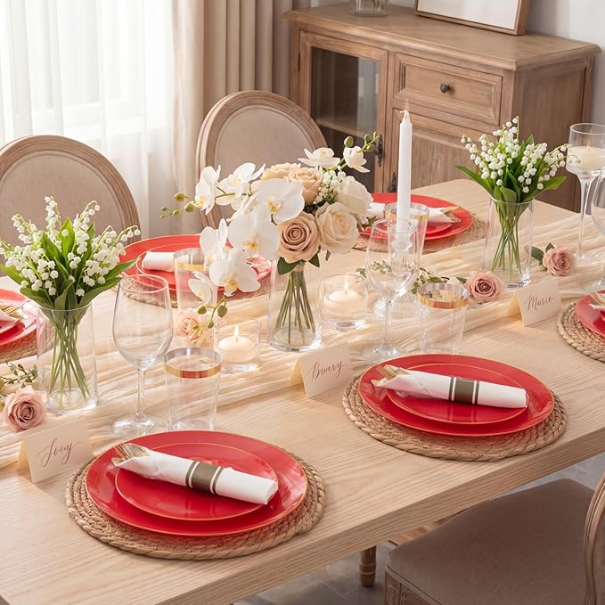 KIRE 350PCS Red Plastic Plates - Heavy Duty Red Plates Disposable - 50Guest Plastic Dinnerware Include 50Dinner Plate,50Dessert Plate,50Pre Rolled Napkins with Silverware for Wedding&Mother's Day