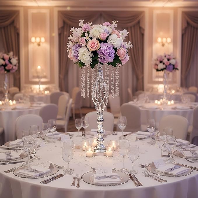 2pcs Silver Metal Flower Vases Crystal Flower Stand Wedding Centerpieces for Tables Party Dinner Event Restaurant Hotel Decoration