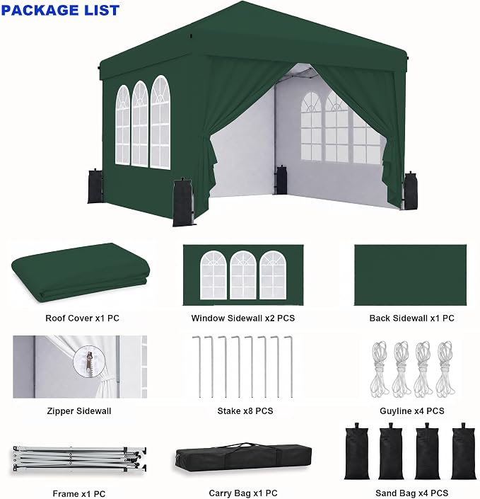 SANWAY 10x10 Pop Up Canopy with Sidewalls, Easy Setup Instant Canopy Tent, Portable with Carry Bag for Outdoor Events, Camping, and Backyard Parties – Dark Green
