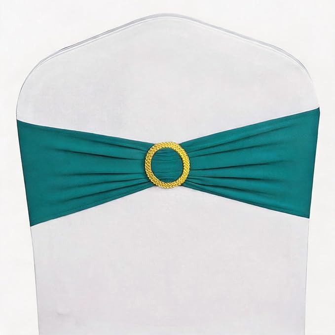 Pack of 50 Spandex Teal Chair Sashes with Gold Buckles, Stretch Chairs Sashes for Wedding Party Baby Shower Ceremony Event Decorations Chair Bands Bows (Teal Sashes, Gold Buckles)