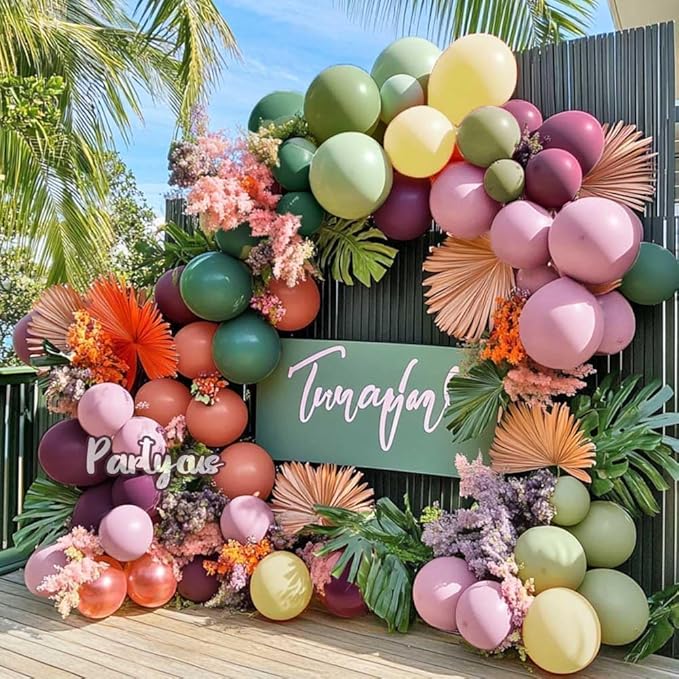 Dusty Pink Green Yellow Balloon Garland - Double Stuffed Sage Olive Green Mauve Matte Pastel Plum Balloon Arch Kit for Baby Shower Birthday Floral Enchanted Forest Valentines Party Decoration