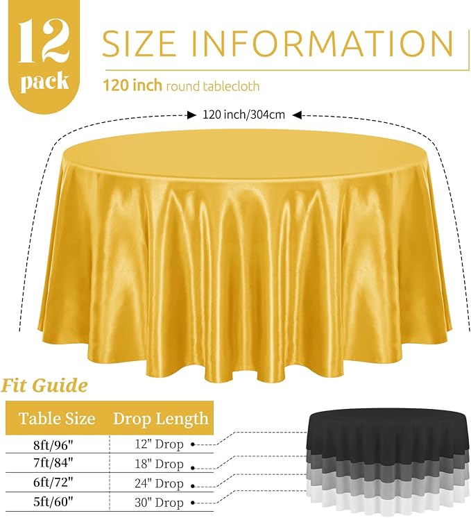 12 Pack 120 Inch Round Tablecloth, Gold Satin Fabric Table Cloth for Round Tables, Wrinkle Resistant Washable TableCover Bright Silk Table Clothes for Wedding Party Dining Tables Banquet