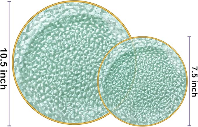 Rubtlamp 100 Clear Green Gold Plastic Plates, Hammered Clear and Gold Disposable Plates Include 50 Dessert Platos, 50 Dinner Platos for Party