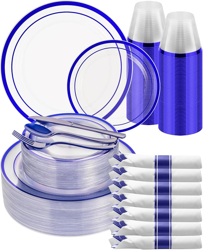 Goodluck 350 Pcs Disposable Clear Blue Plates and Napkins Party Supplies | Include 100 Plastic Plates, 50 Pack Pre Rolled Napkins with Silverware, 50 Cups for Wedding, Graduation, Birthday Party