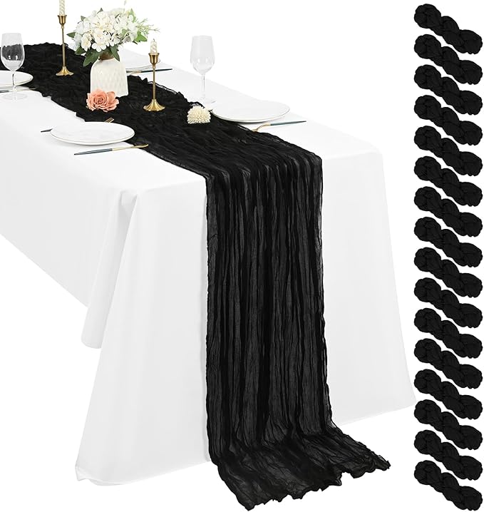 Pesonlook 16 Pack Black Cheesecloth Table Runner, 35x120 Inch Rustic Rippled Wedding Party Decoration